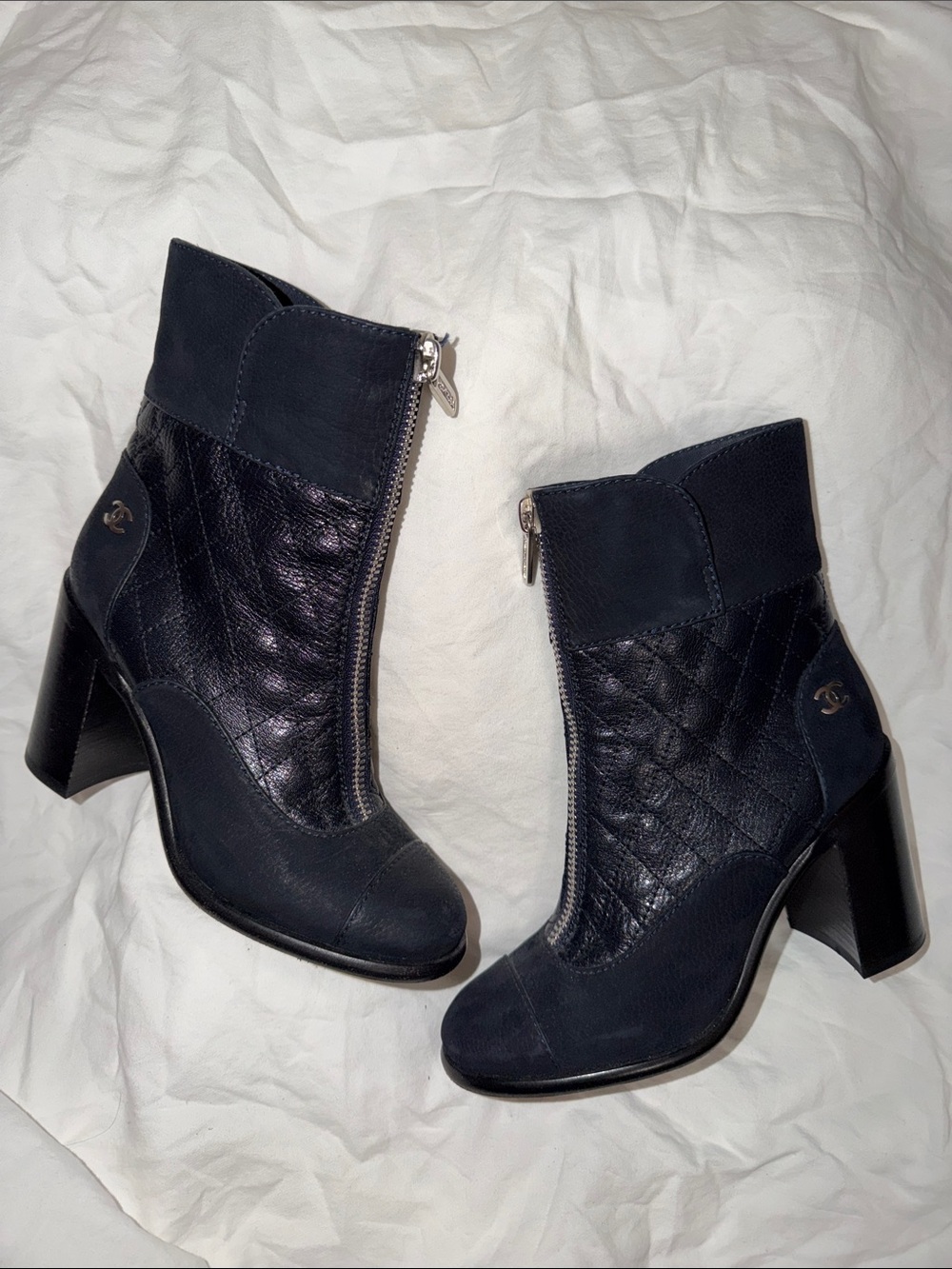 Chanel Leather Quilted Short Boots - Navy